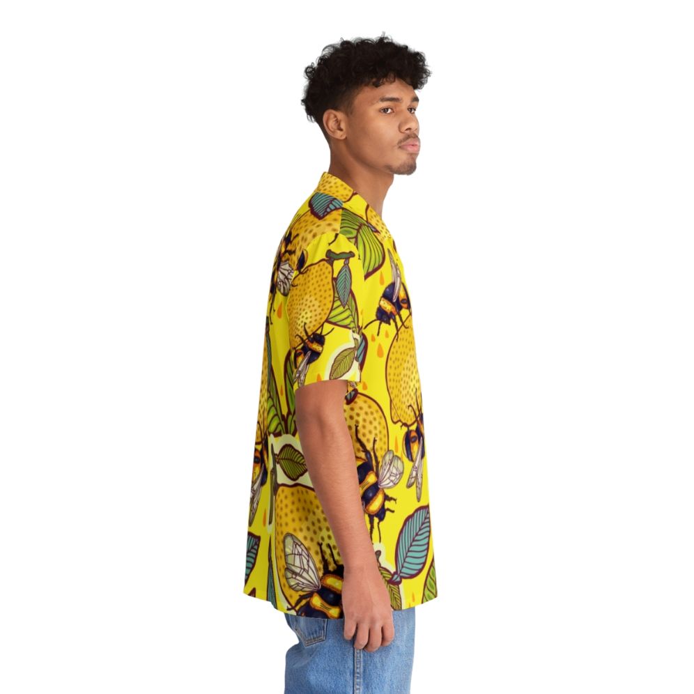 Yellow Hawaiian shirt with lemon and bee garden design - People Pight