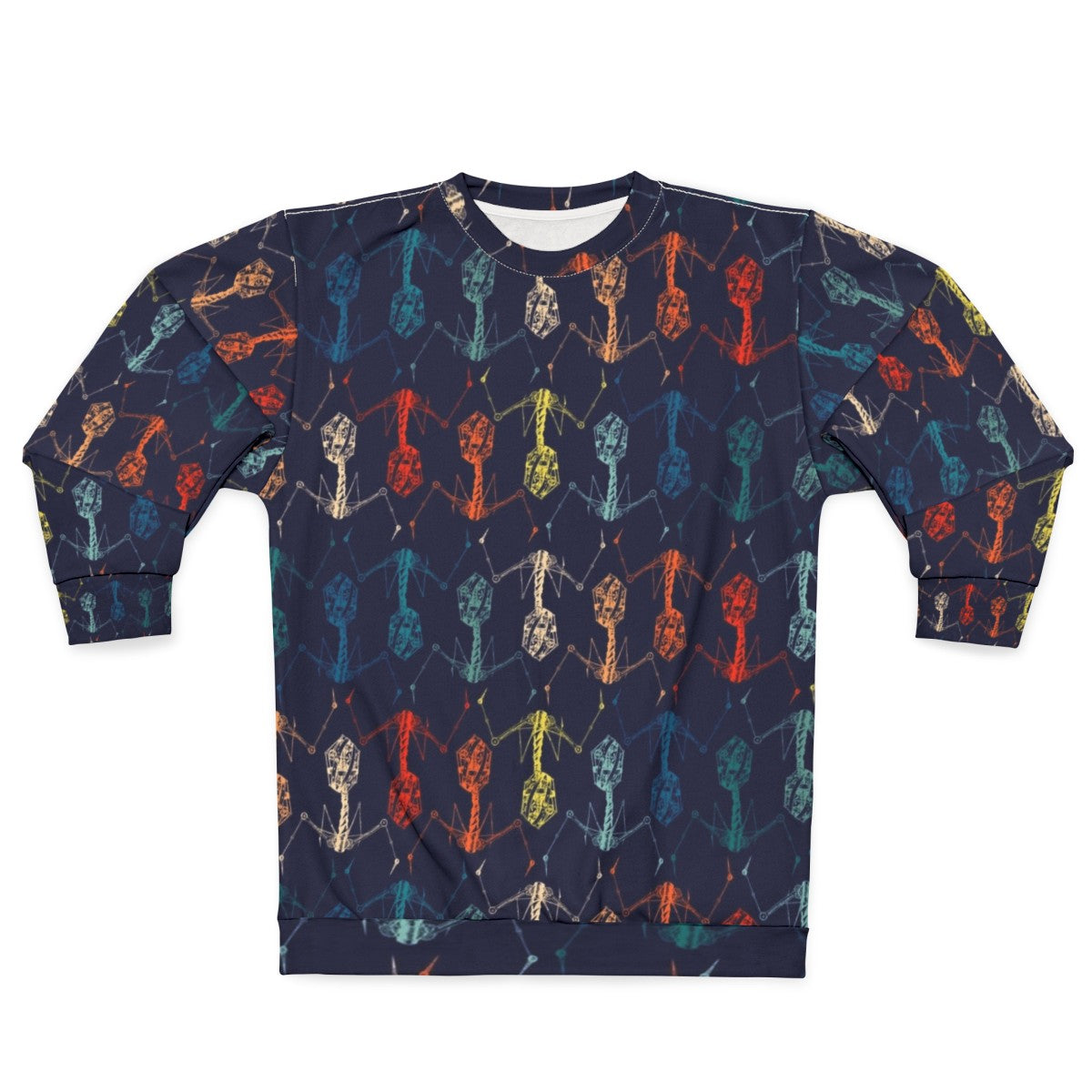 Built Phage Rainbow Sweatshirt featuring a bacteriophage graphic design