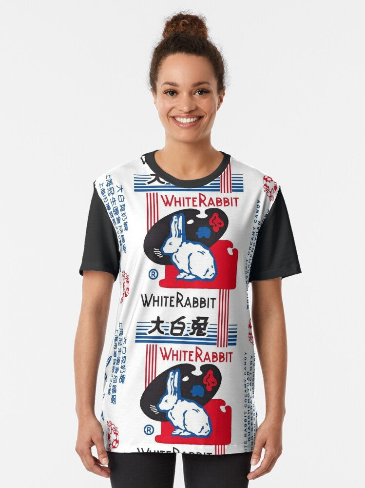 White Rabbit Candy Graphic T-Shirt, featuring the iconic white rabbit candy design - Women