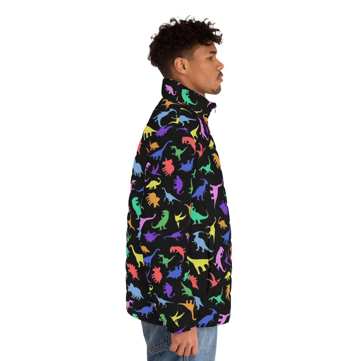 Dinosaur pattern black puffer jacket - men side right