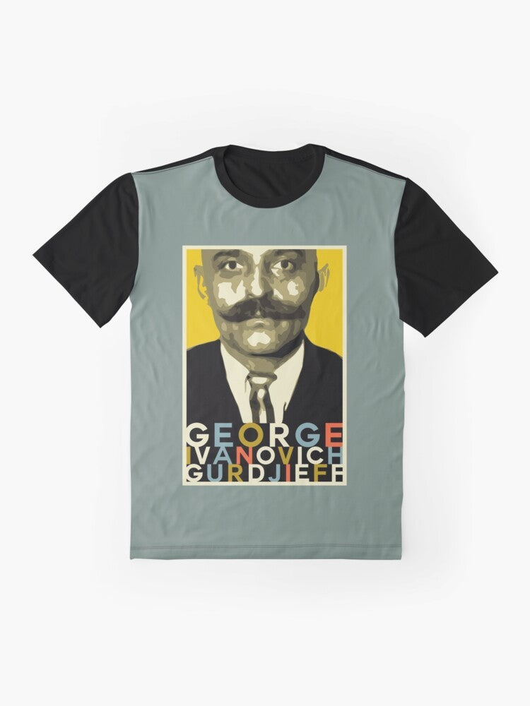 Vintage-style graphic t-shirt featuring the name and image of the philosopher Gurdjieff - Flat lay