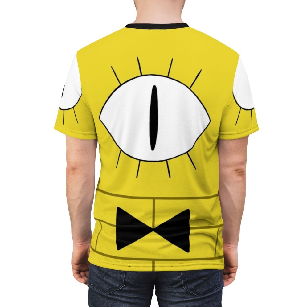 Graphic t-shirt design featuring a mysterious yellow eye, inspired by the character Bill Cipher from the Gravity Falls TV show - men back