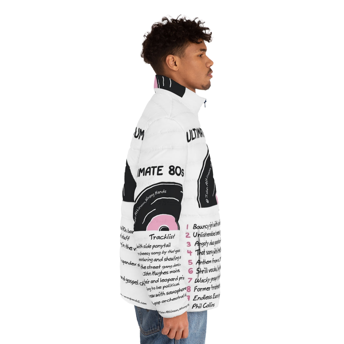 Puffer jacket featuring a retro 80s album cover design - men side right