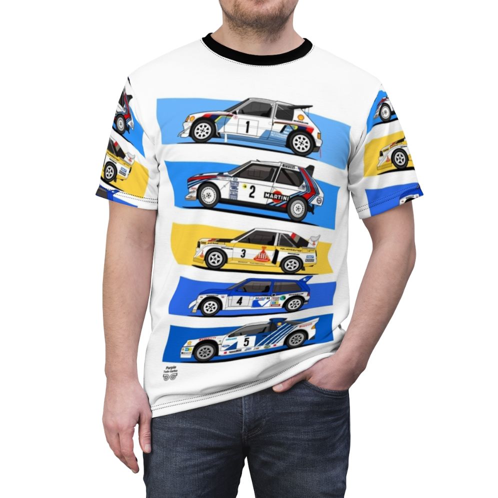 Vintage 1980s Group B rally inspired t-shirt design featuring classic rally cars and motorsport icons - men front