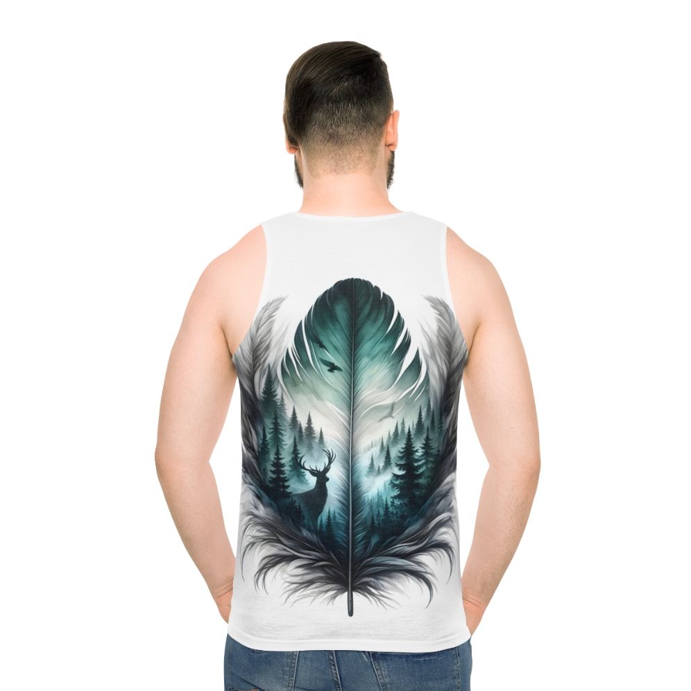 Unisex forest feather tank top with nature inspired design - men back