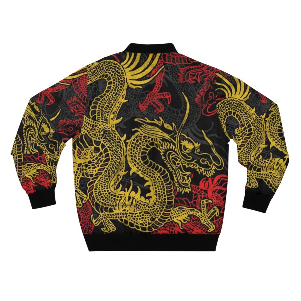 Bomber jacket with a golden Chinese dragon pattern, a mythical creature design. - Back