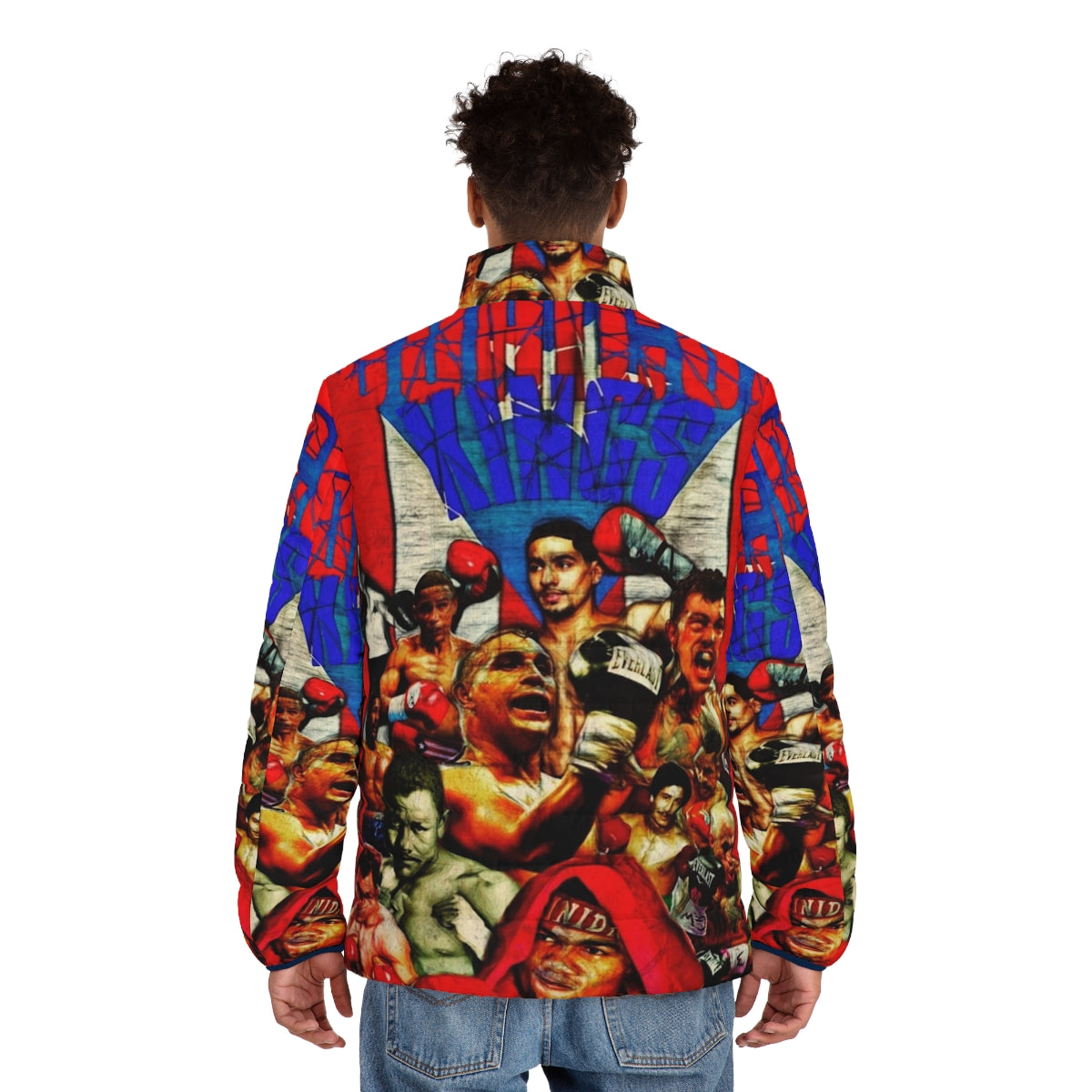 Boricua Kings Puffer Jacket featuring Puerto Rican pride and boxing design - men back