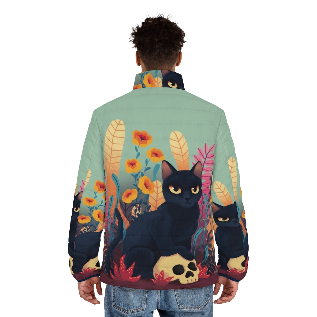 Skull Kitty Puffer Jacket with Floral and Autumn Motifs - men back