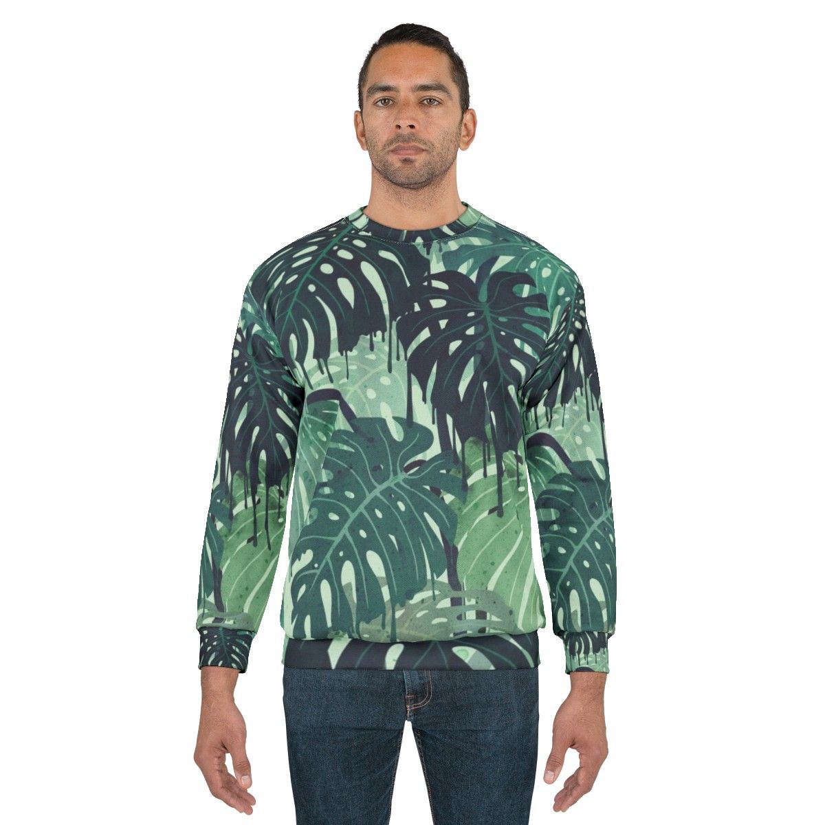 Tropical monstera leaves melting in a surreal green and blue sweatshirt design - men