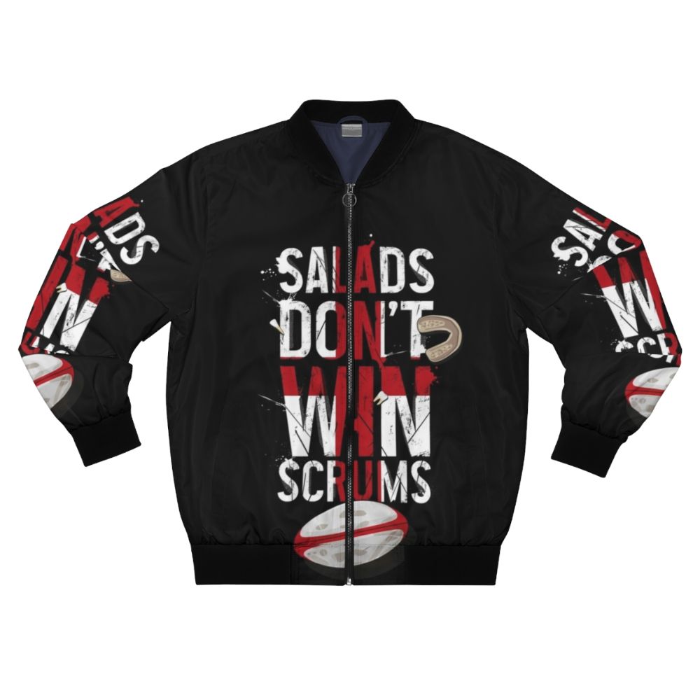 Patriotic England rugby bomber jacket with distressed vintage design and "Salads Don't Win Scrums" graphic