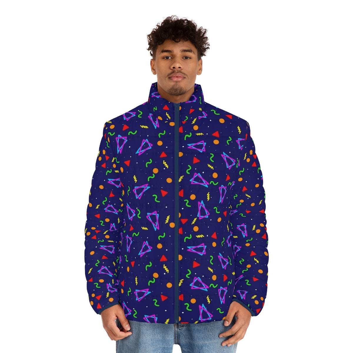 Arcade Carpet Puffer Jacket with Retro 80s Video Game Inspired Design - men front