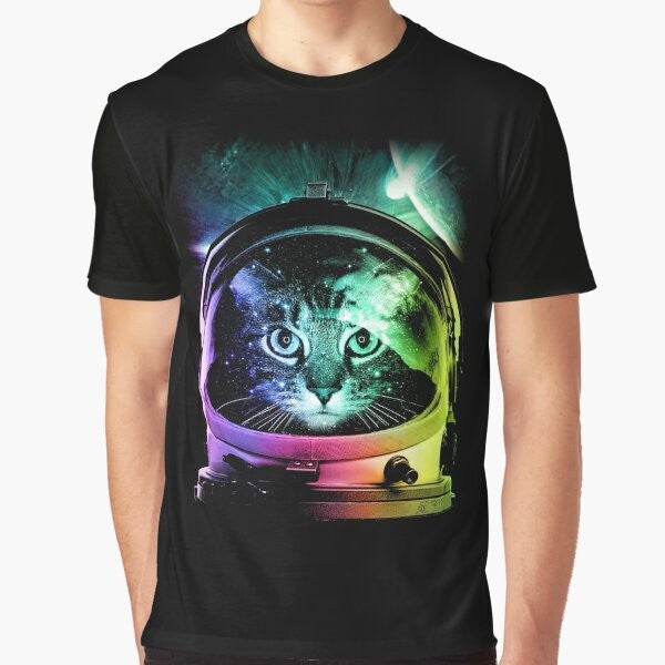 Cute and funny astronaut cat graphic design on a t-shirt. Featuring a space kitten in a spacesuit exploring the galaxy.