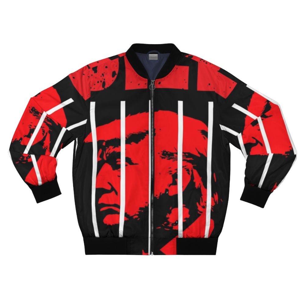 Bomber jacket with "Indict Trump" graphic design