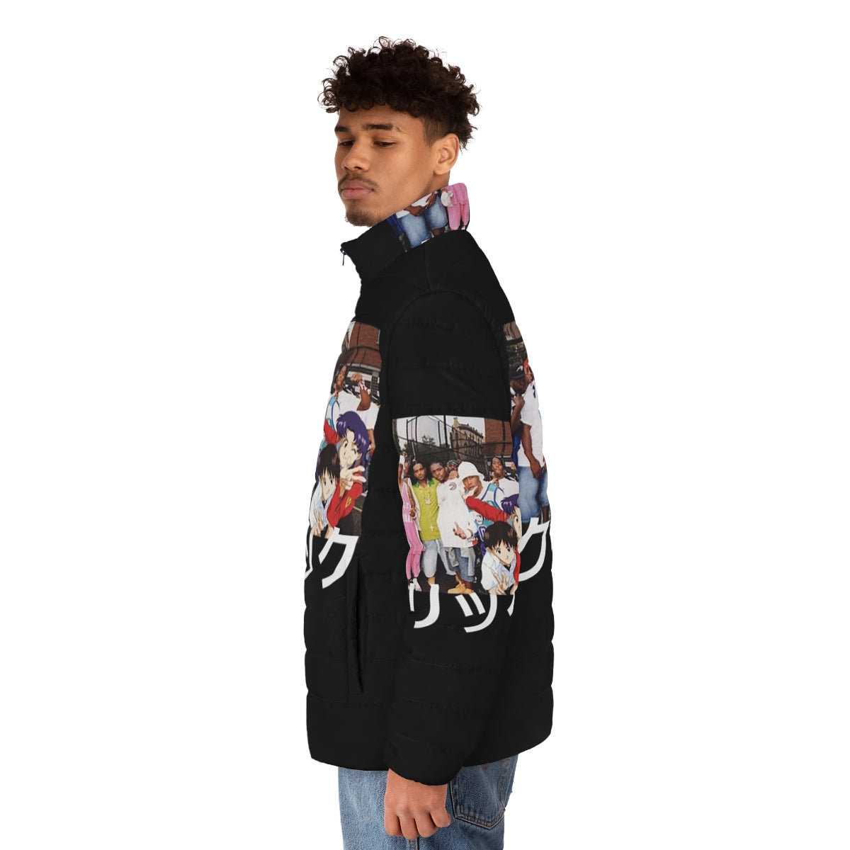 Evangelion x Dipset x Clique Puffer Jacket with anime and hip-hop graphics - men side left