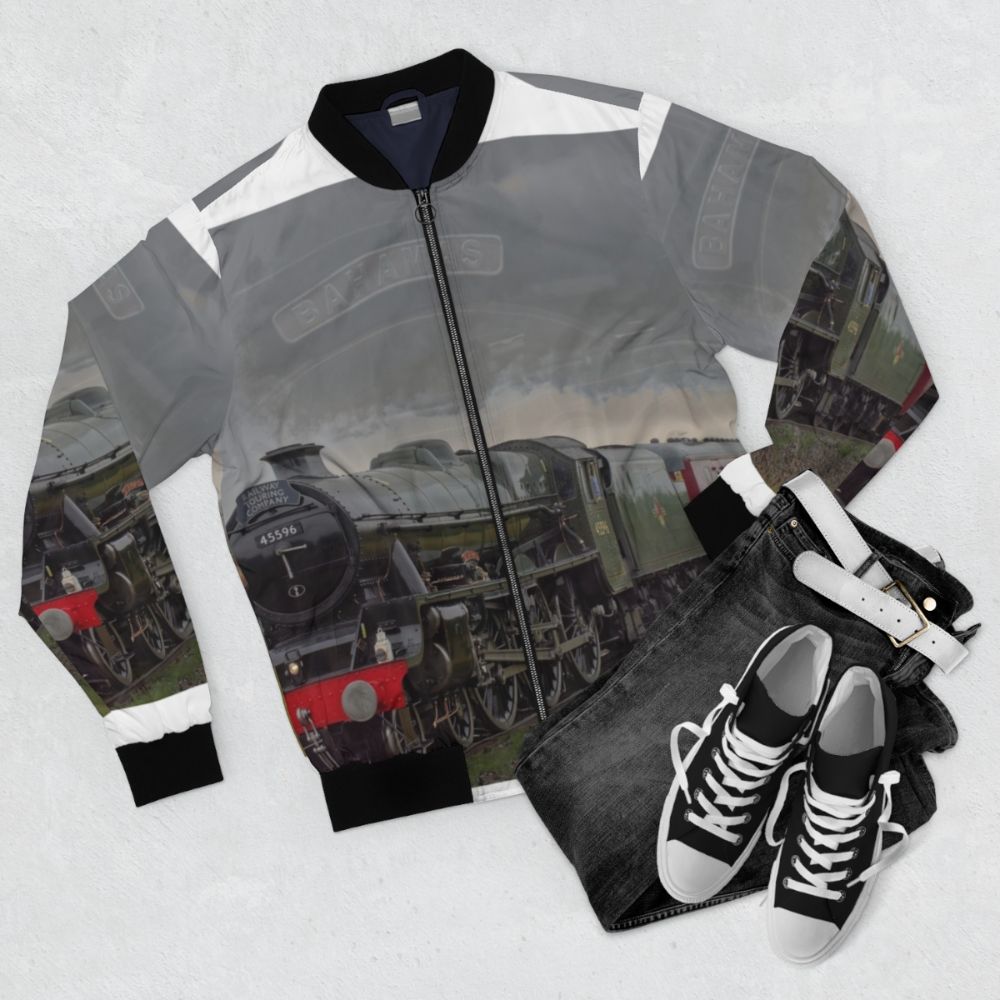 A stylish bomber jacket featuring a vintage steam train in the 'Bahamas' design. - Flat lay