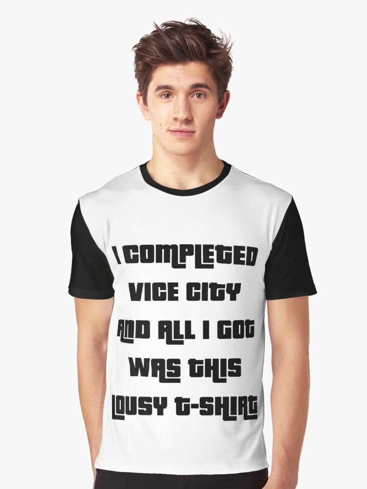 Retro-style graphic t-shirt with the text "I completed Vice City and all I got was this lousy blank" and a vaporwave-inspired design. - Men