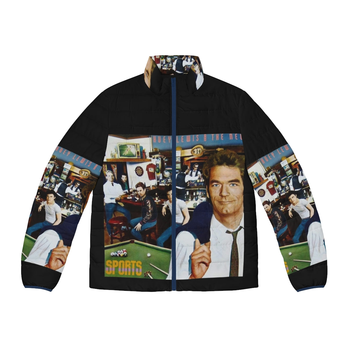 Huey Lewis The News puffer jacket with 80s inspired vector art design