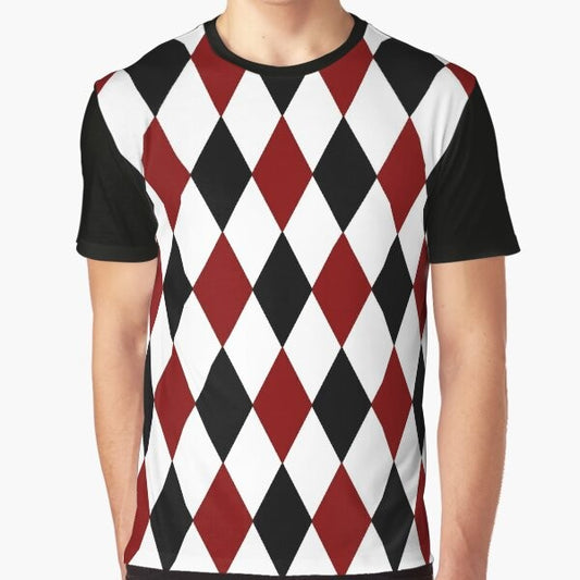 A black, white, and red harlequin or diamond pattern graphic t-shirt