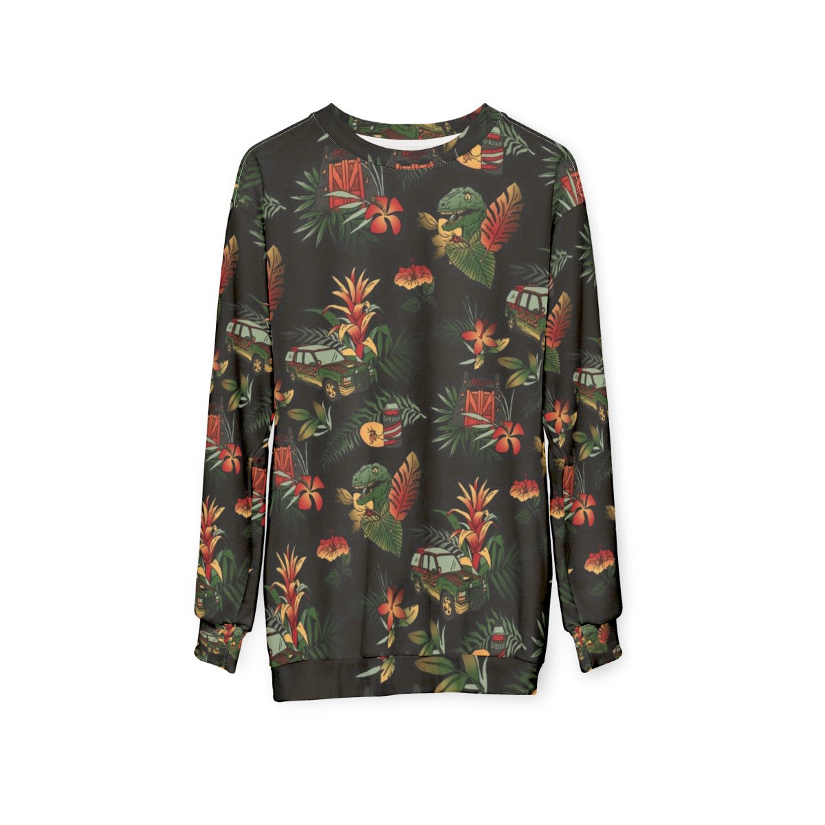 Jurassic themed sweatshirt with dinosaur print design - hanging