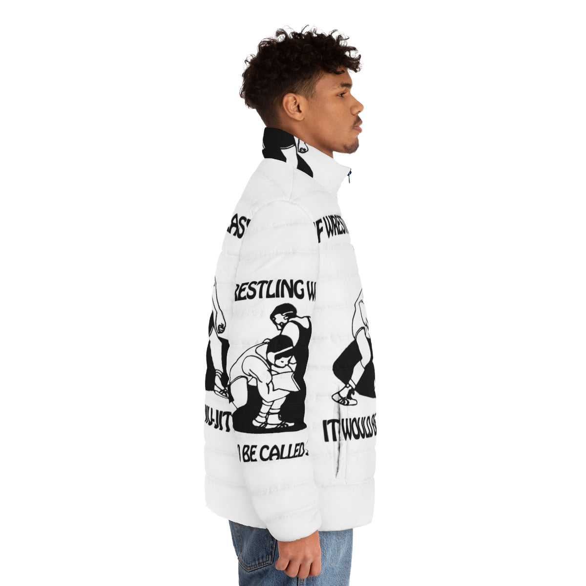 Jiu Jitsu Puffer Jacket with "If Wrestling Was Easy" Graphic Design - men side right