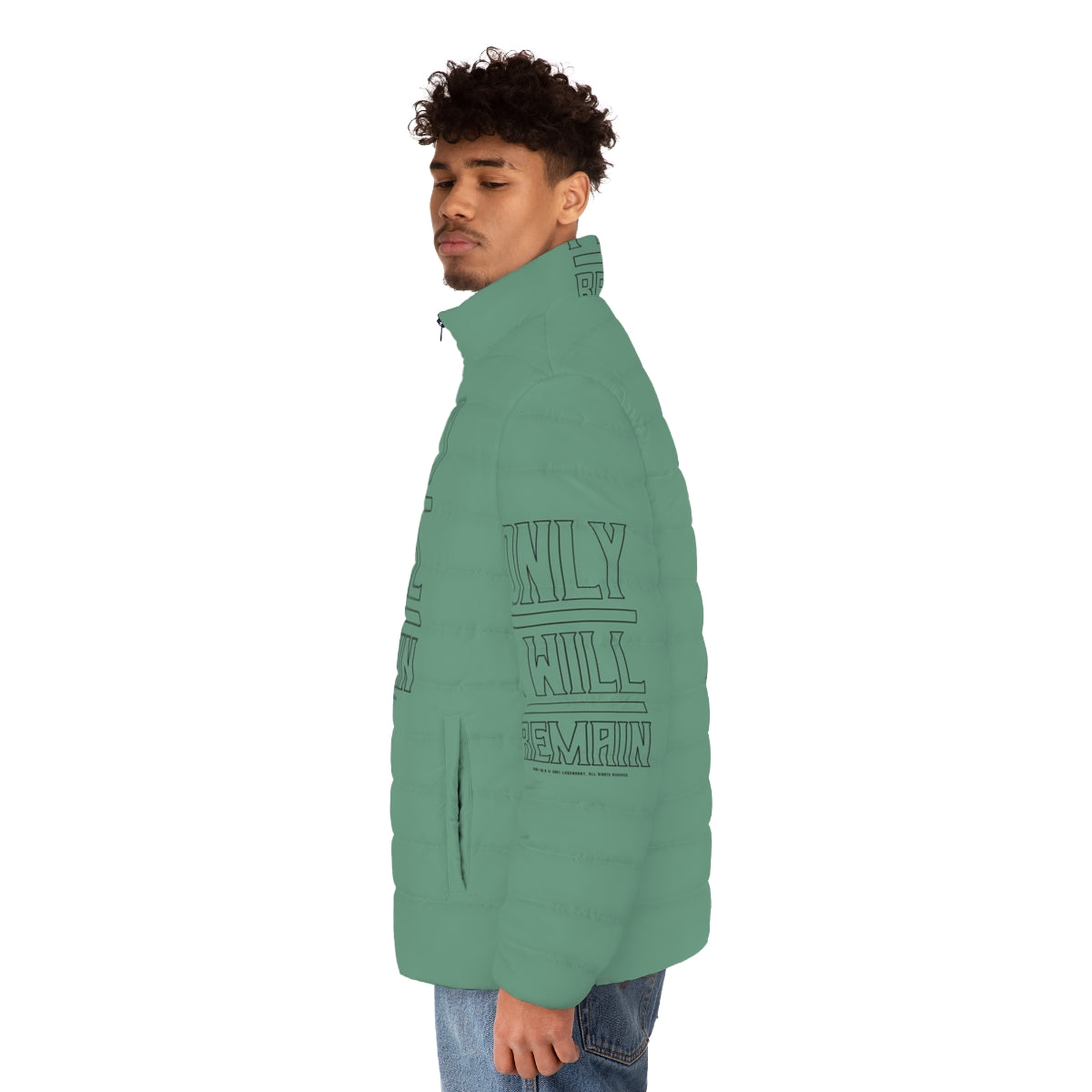 Dune Outline Puffer Jacket with "Only I Will Remain" quote - men side left