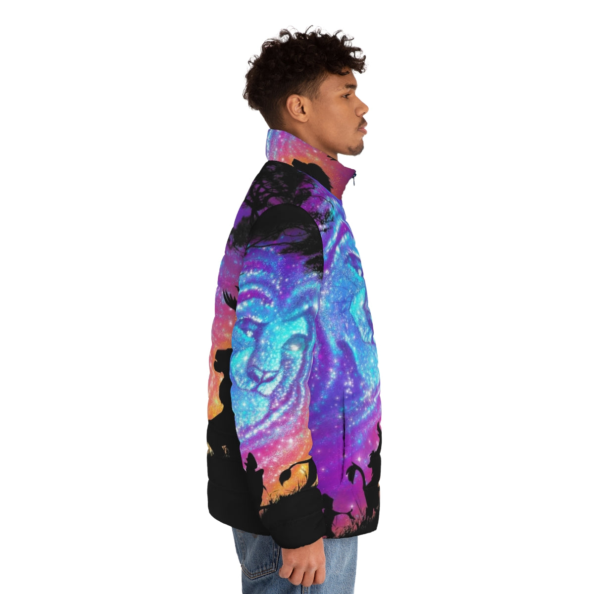 Model wearing a puffer jacket with a Lion King inspired design featuring Mufasa, Simba, Timon, and Pumba - men side right