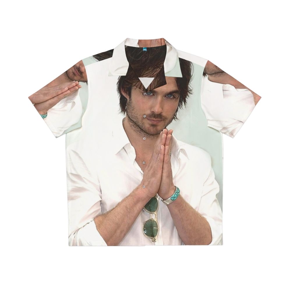 Ian Somerhalder wearing a tropical Hawaiian shirt as Damon Salvatore from The Vampire Diaries