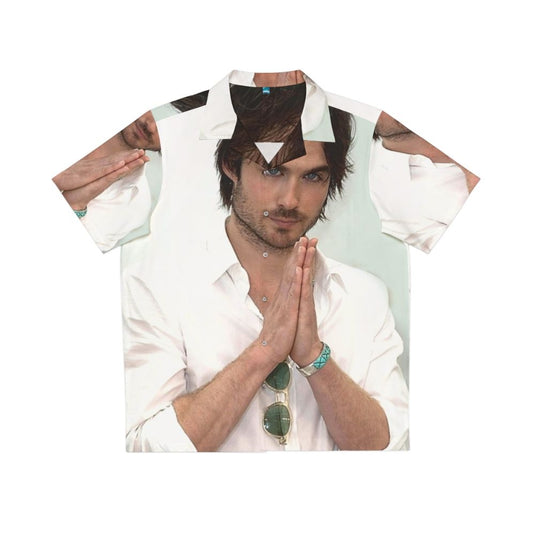 Ian Somerhalder wearing a tropical Hawaiian shirt as Damon Salvatore from The Vampire Diaries