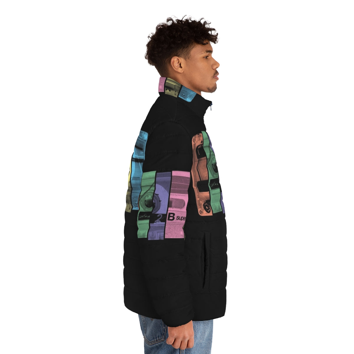 Retro 80s style puffer jacket with cassette tape design - men side right