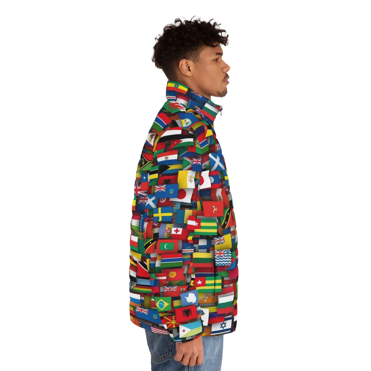 Flags of the world puffer jacket with vibrant national flag patterns - men side right