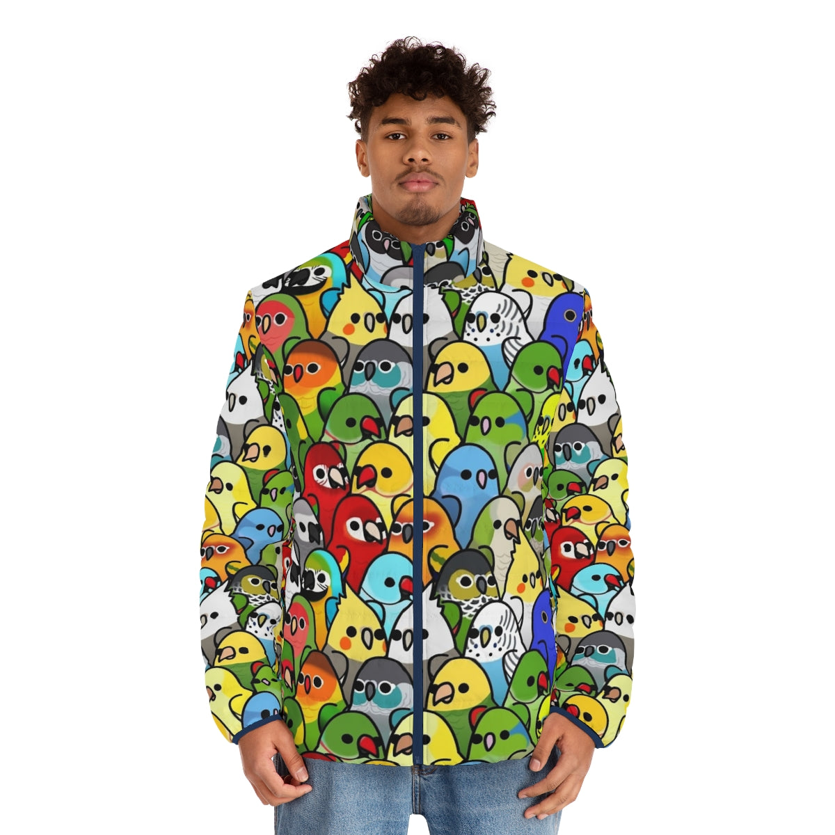 Too Many Birds Bird Squad Classic Puffer Jacket with a variety of colorful birds - men front