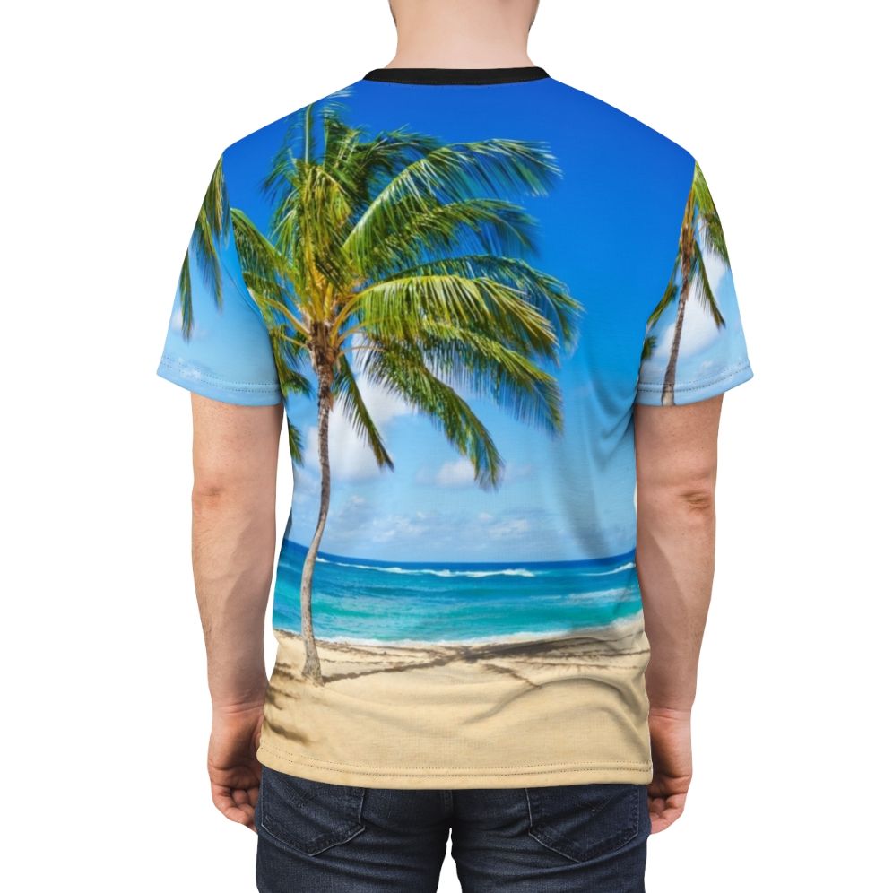 T-shirt featuring a scenic image of palm trees on a sandy beach in Hawaii - men back