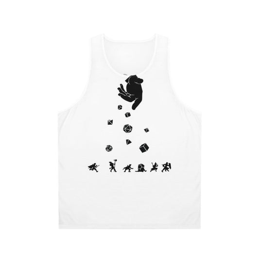 Unisex tank top featuring "Rocks Fall Everyone Dice" design for tabletop gamers