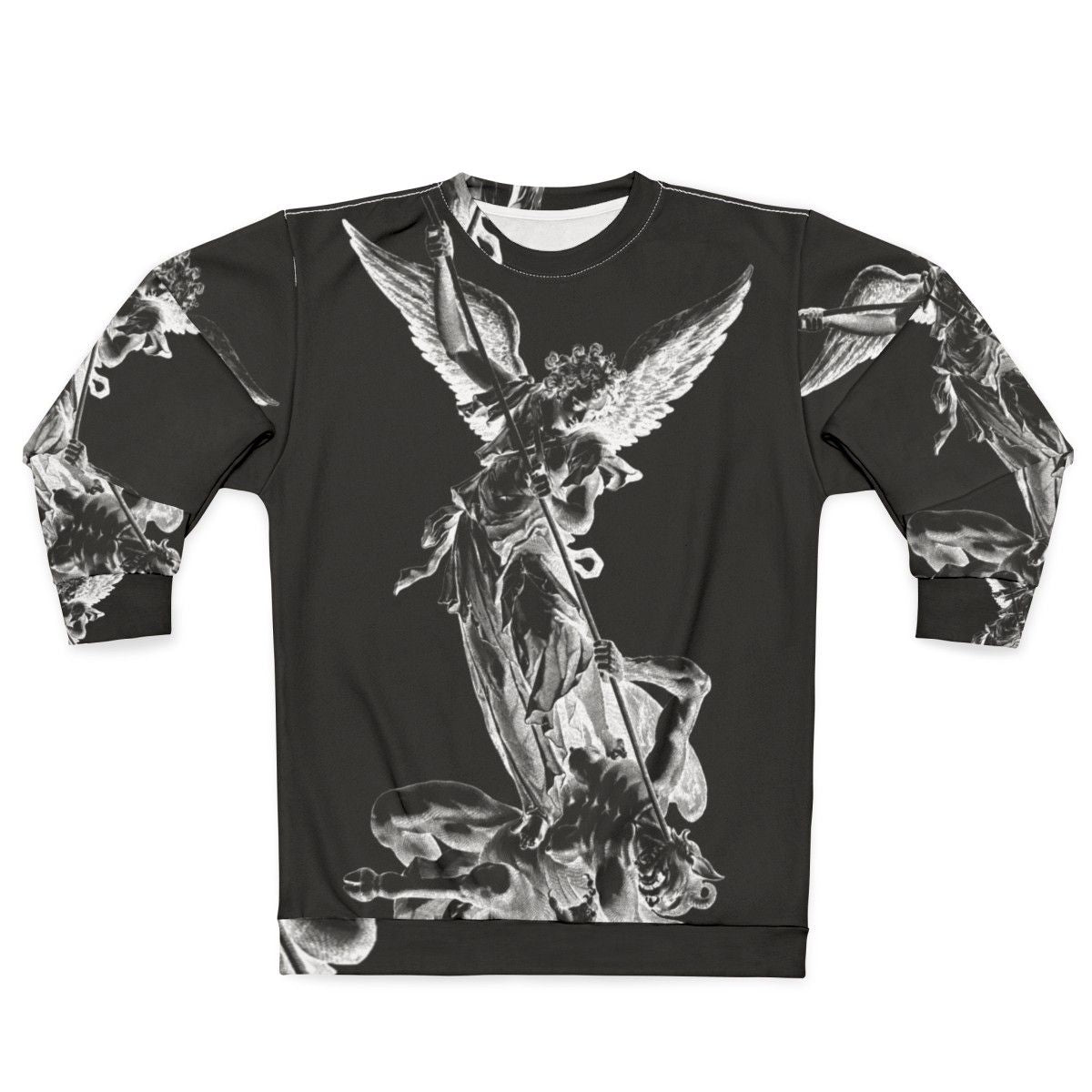 Archangel Michael defeating the devil on a religious sweatshirt