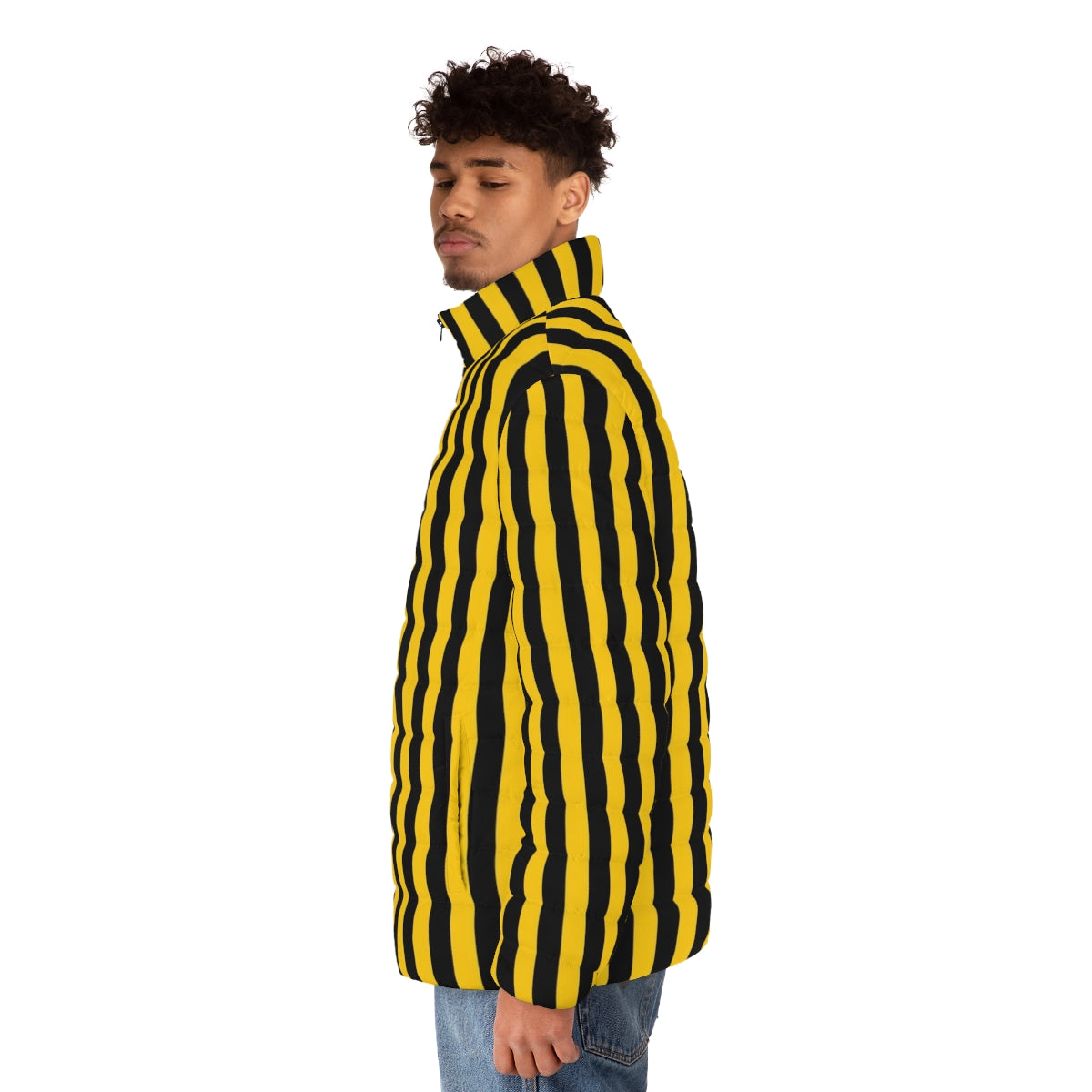 Yellow and black striped puffer jacket - men side left