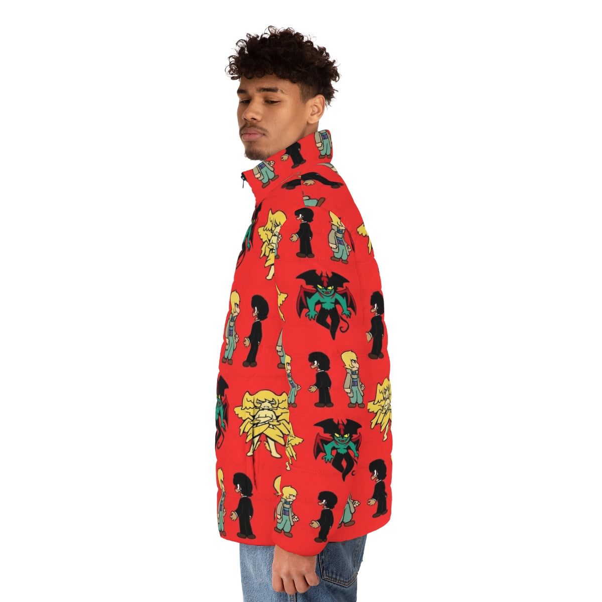 Devilman Puffer Jacket featuring iconic anime character design - men side left