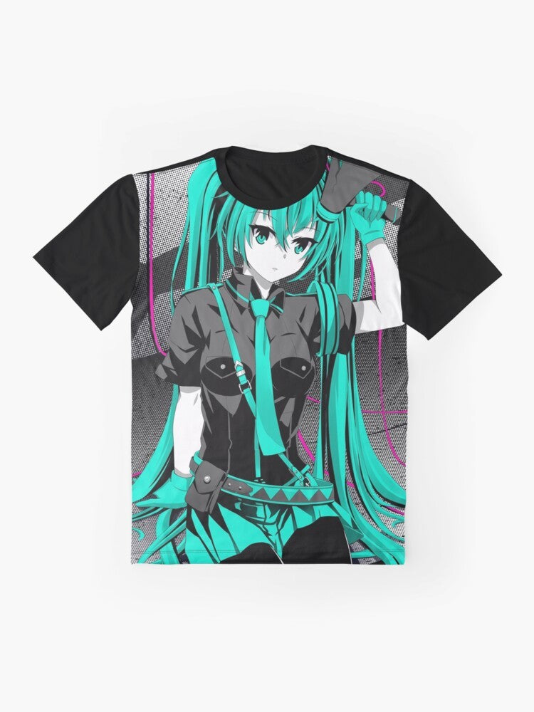 Hatsune Miku anime girl character in "Love is War" tri-tone graphic design on a t-shirt - Flat lay