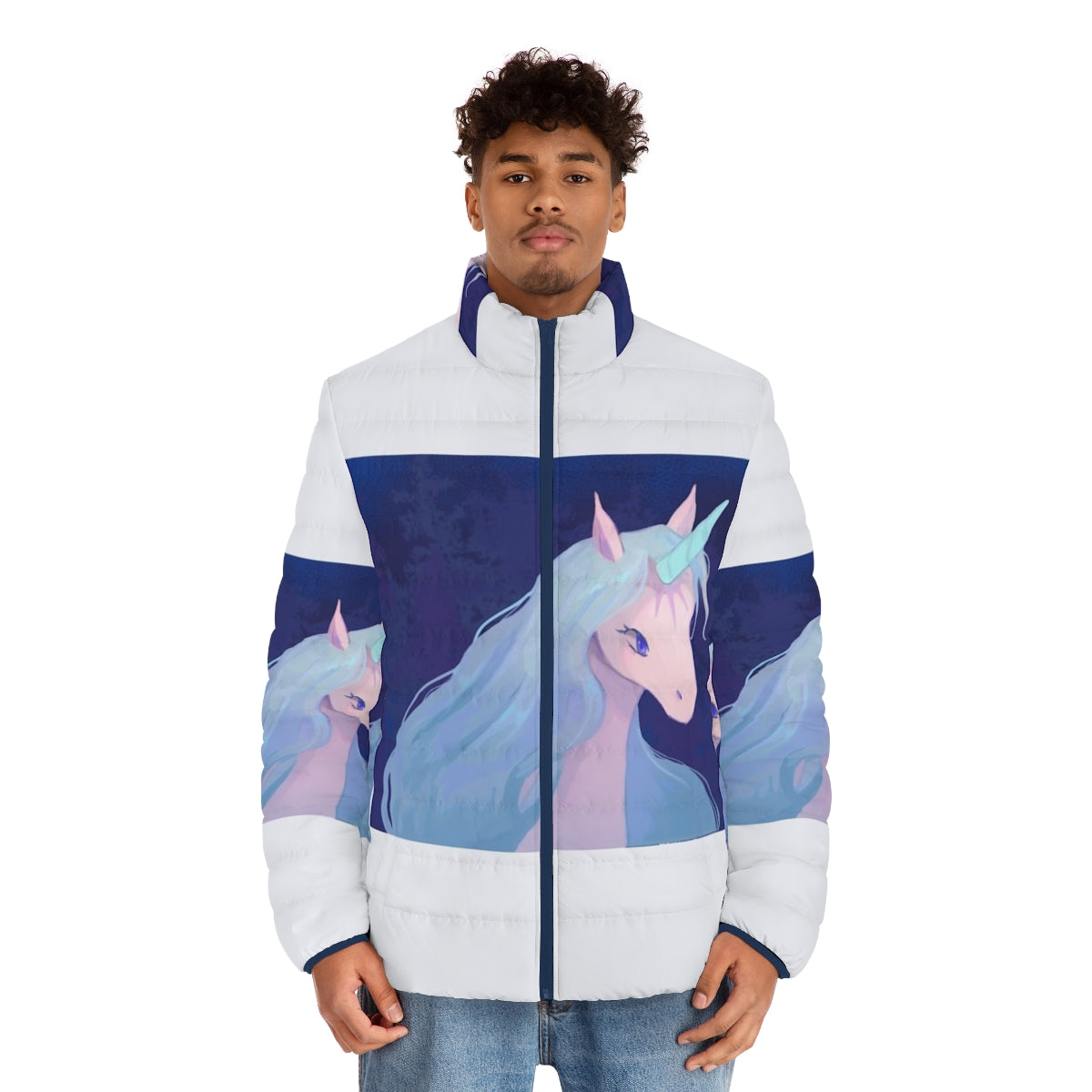 The Last Unicorn Illustration Puffer Jacket featuring a magical unicorn in a fantasy setting - men front