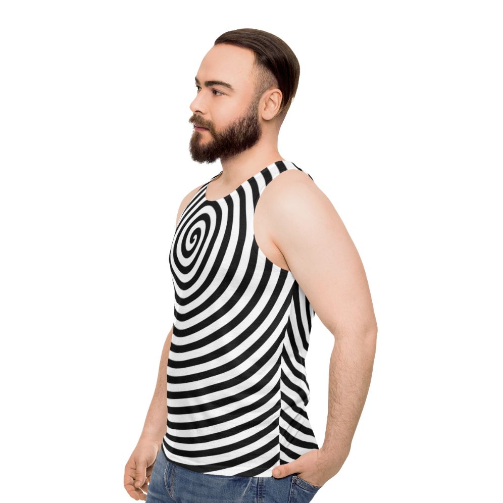 Unisex tank top with psychedelic black and white spiral design - men side