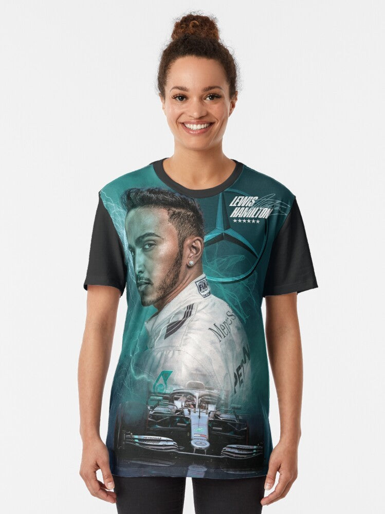 Lewis Hamilton wearing a Mercedes Formula 1 racing t-shirt with a graphic design - Women