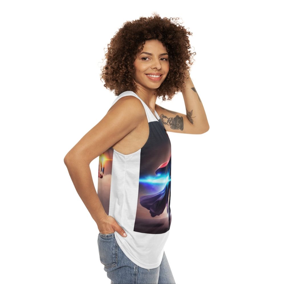 Unisex superhero tank top with graphic slogan design - women side