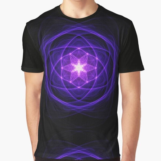 Sacred geometry indigo energy t-shirt with flower of life, Metatron's Cube, and other spiritual symbols