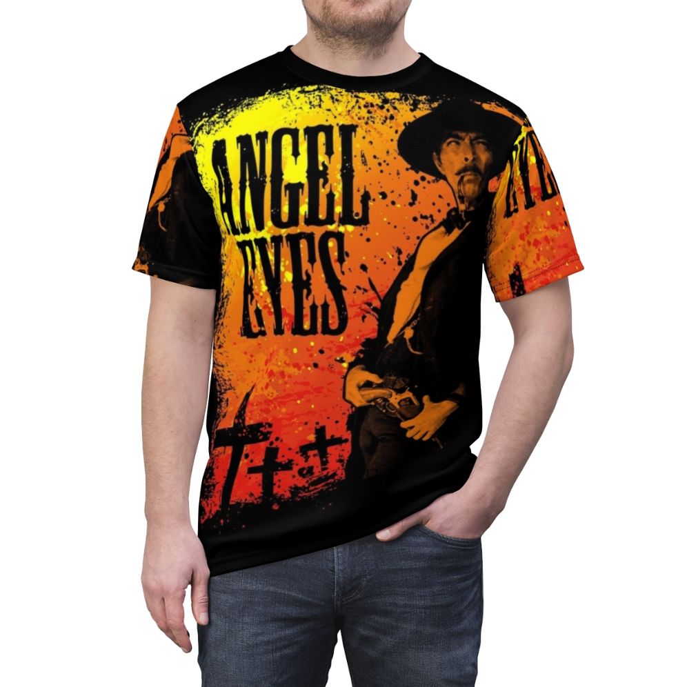 Vintage-style t-shirt featuring a graphic design inspired by the classic spaghetti western film "The Good, The Bad and The Ugly" - men front