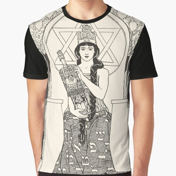 Graphic t-shirt featuring "The Queen of Sabbath" artwork by Ephraim Moses Lilien, a Jewish artist from the late 19th/early 20th century.