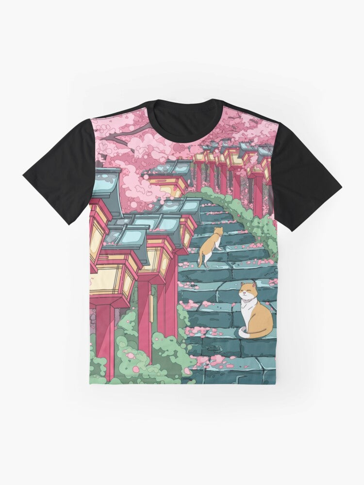 Graphic t-shirt design featuring a Japanese shrine, pink sakura blossoms, and a cute cat - Flat lay