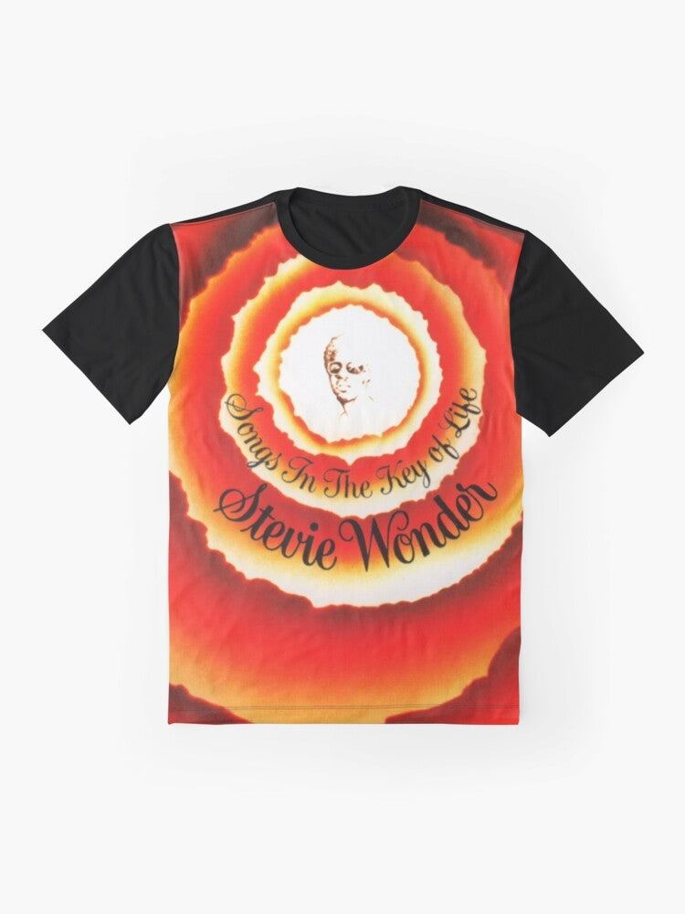 "Songs in the Key of Life" Stevie Wonder graphic t-shirt featuring a vibrant, colorful design celebrating the iconic album. - Flat lay