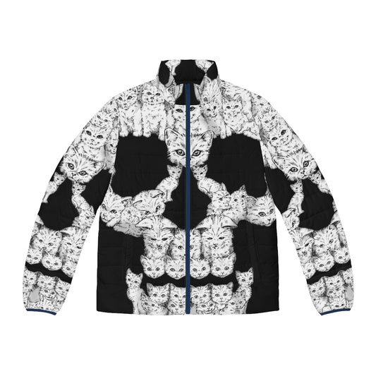 Puffer jacket with a bold graphic design featuring skulls, perfect for the brave cat enthusiast