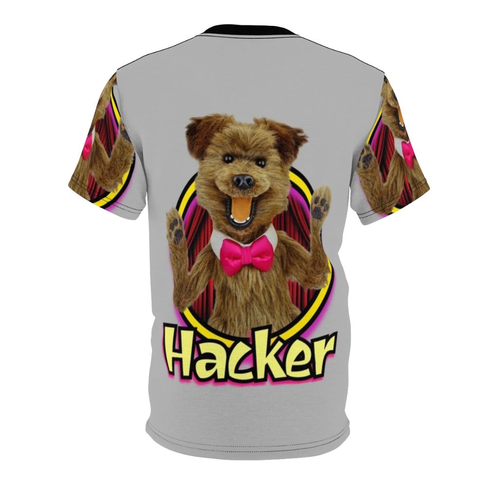 Vibrant and nostalgic t-shirt design featuring a puppet character in a hacker-inspired style - Back