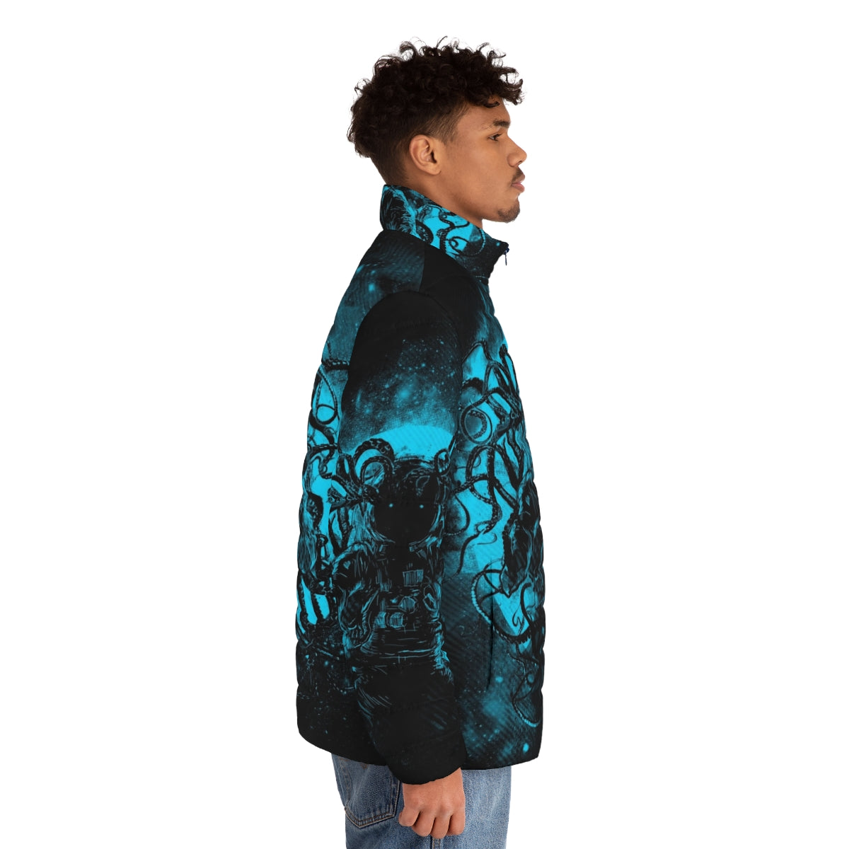 Puffer jacket with cosmic horror design, featuring Cthulhu-inspired tentacles and deep space elements - men side right