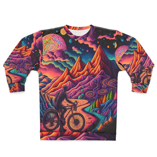 Psychedelic art sweatshirt featuring colorful 1943 bicycle design